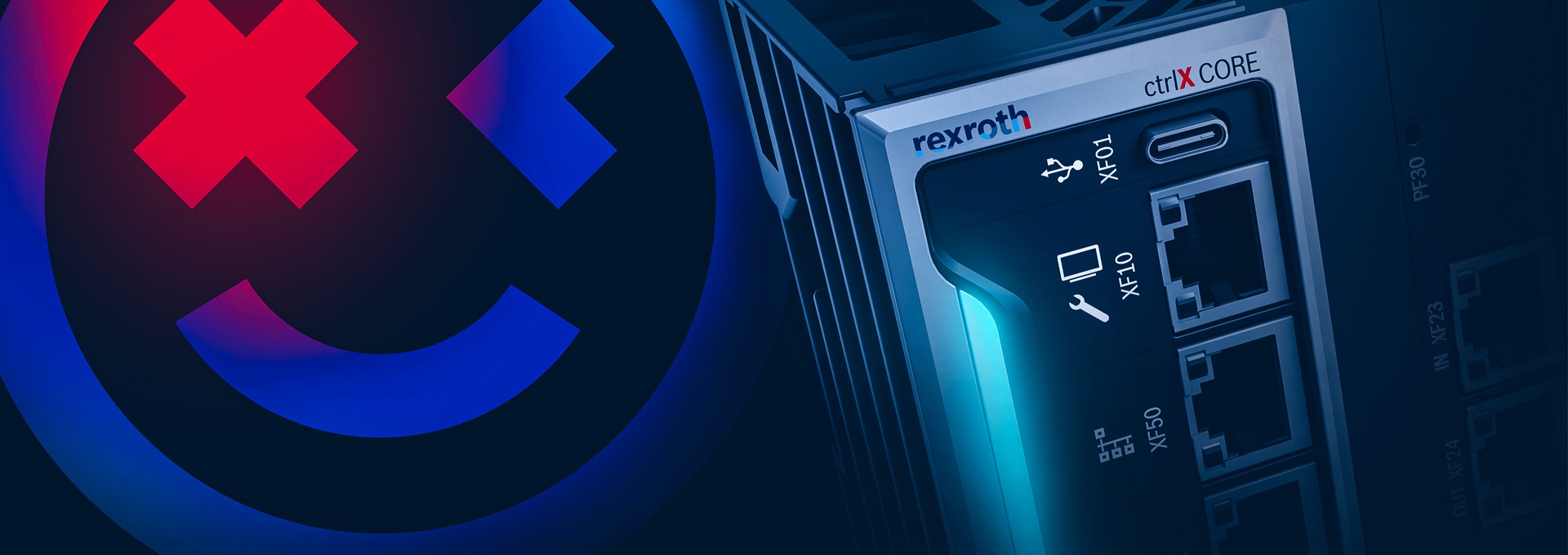 ctrlX AUTOMATION Keyvisuls mit dem Game Changer Smiley und der ctrlX CORE Industriesteuerung