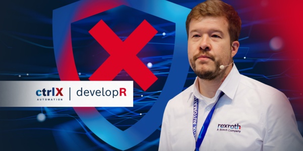 Portraitansicht eines ctrlX developRs vor einem bunten Hintergrund mit einem „ctrlX AUTOMATION Icon“