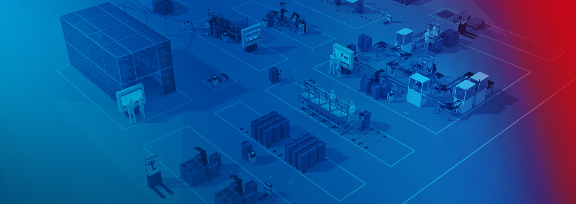 Graphical representation of a manufacturing plant with fully automated and manual production steps, as well as intralogistics.