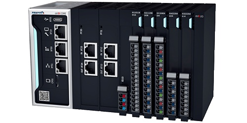 Bild der Industriesteuerung ctrlX CORE in der modularen Ausprägung X3 (COREX-M-X3), mit angereihten ctrlX I/O Modulen