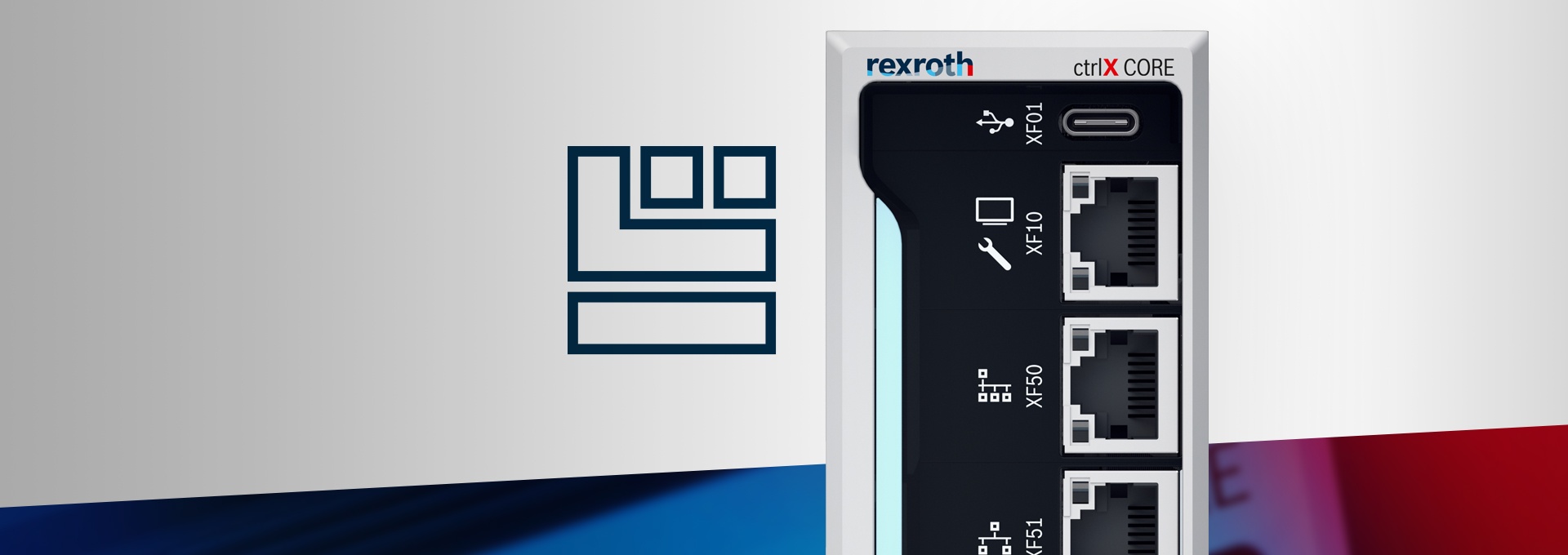 Decorative image shows the industrial controller ctrlX CORE in combination with the symbol for the industrial, Linux-based operating system ctrlX OS
