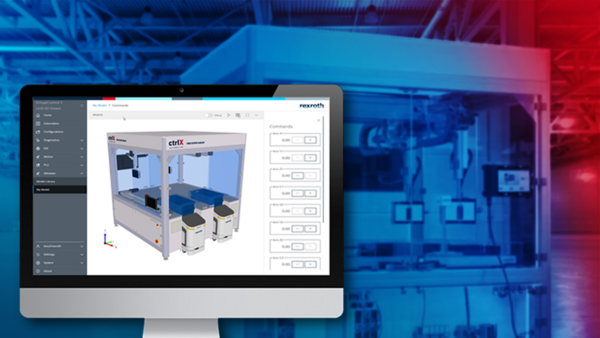 Bild eine Computer-Monitors mit einer geöffneten ctrlX WORKS Applikaiton. Im Hintergrund ist eine Produktionsmaschine zu sehen. Die ctrlX WORKS Applikaiton zeigt den digitalen Zwilling der Maschine.
