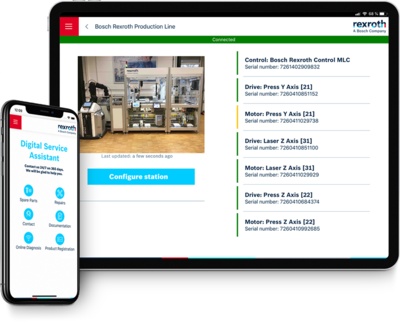 Bild eines Tablets und Mobiltelefons, auf deren Bildschirm die ctrlX Digital Service Assistant App zu sehen ist