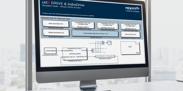 Bild eines Computer-Monitors, auf dem die Simulations-Applikation des ctrlX World-Partners Mathworks zu sehen ist.