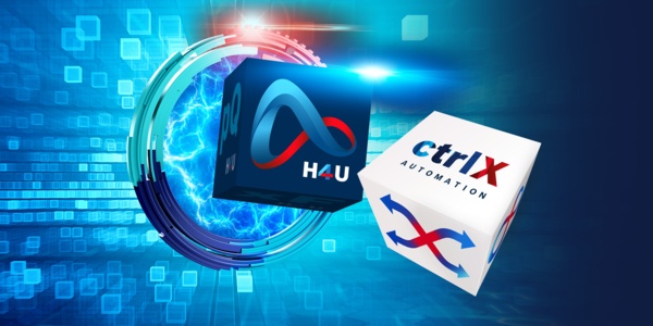 Zwei Würfel, die jeweils die ctrlX AUTOMATION und H4U-Schriftzüge tragen.