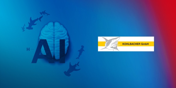 Stylized human brain swarmed by five hammerhead shark shadows. The image bears the inscription: H - AI. The logo of the Kohlbacher company is displayed.