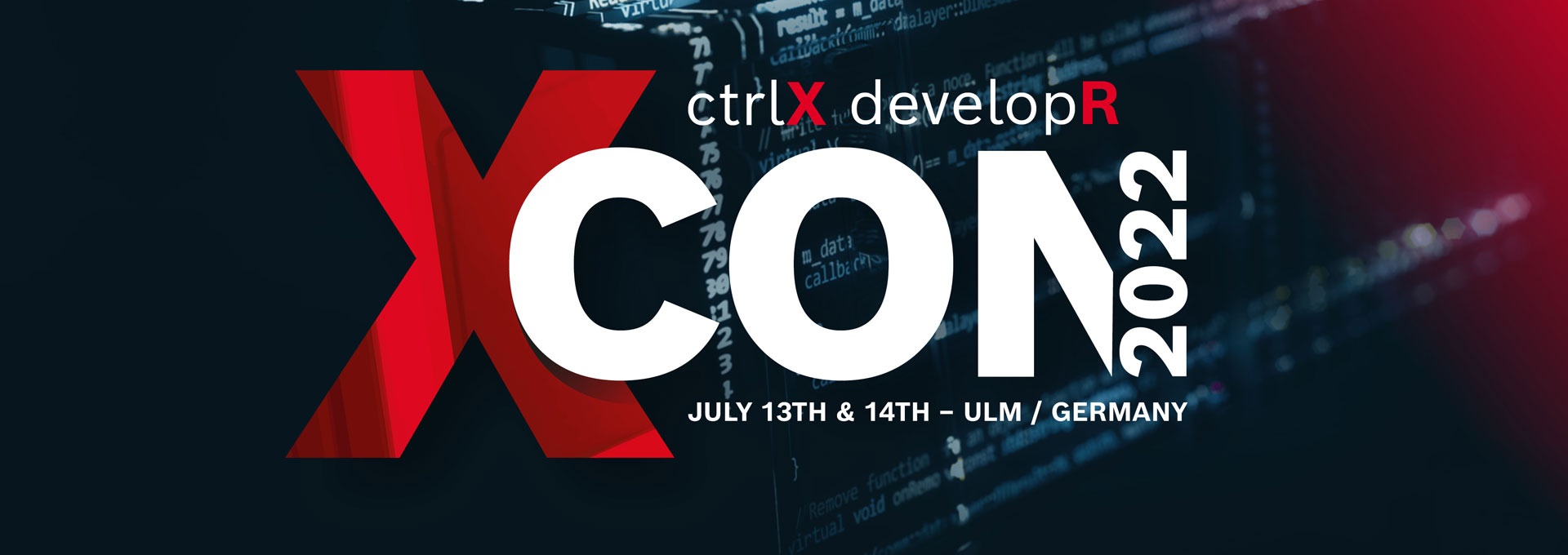 Schriftzug der ctrlX developR Confrence (XCON 2022). Im Hintergrund ist eine ctrlX CORE Industriesteuerung zu sehen.