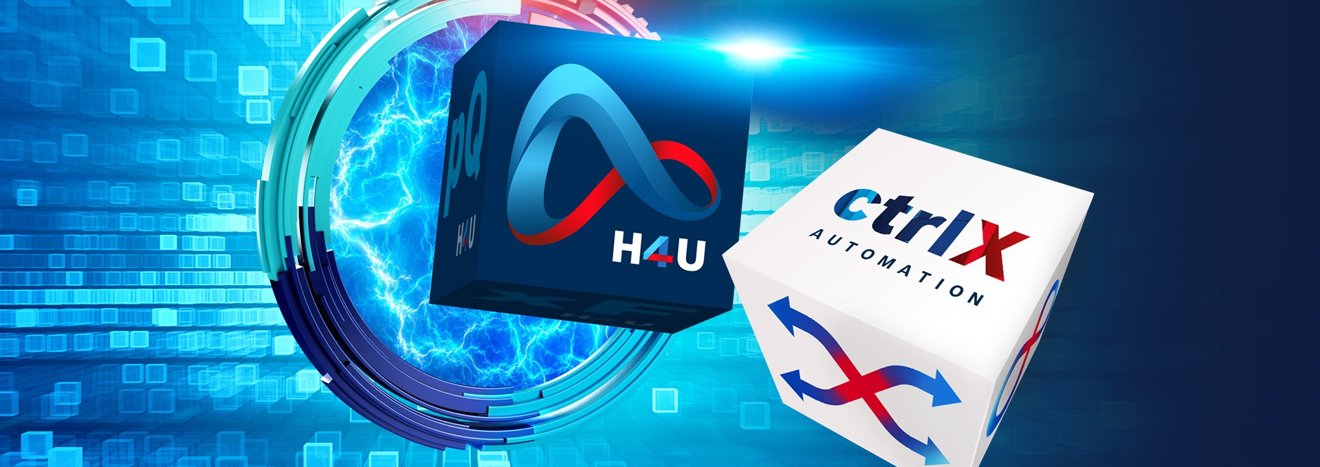 Two cubes, each bearing the ctrlX AUTOMATION and H4U lettering.