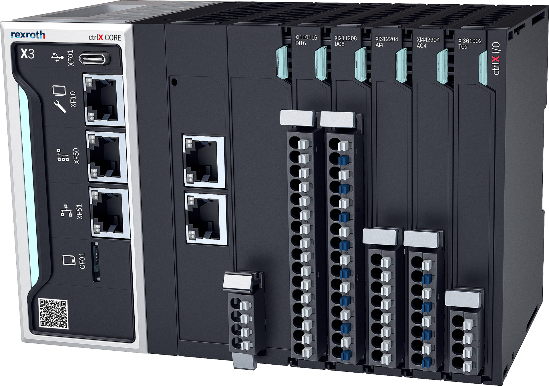 Zdjęcie sterownika przemysłowego ctrlX CORE z elementami ctrlX I/O w rzędzie