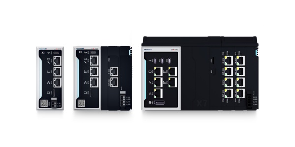 Gruppenbild der Industiesteuerung ctrlX CORE in unterschiedlichen Ausprägungen: ctrlX CORE kompakte Bauform (COREX-C-X3), ctrlX COREplus modulare Bauform (COREX-M-X3 und COREX-M-X7)