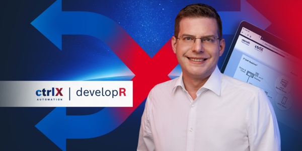 Portraitansicht eines ctrlX developRs vor einem bunten Hintergrund mit einem „ctrlX AUTOMATION Icon“