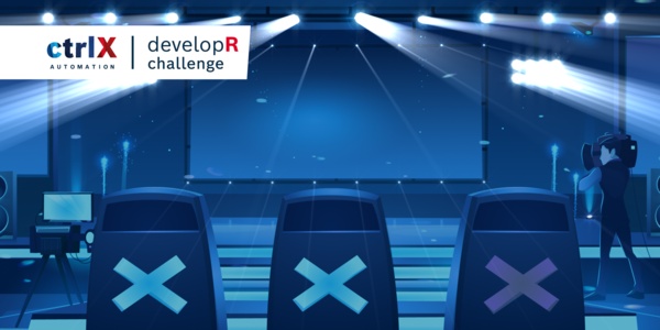 Blue colored image showing a stage with jury chairs in front of it, top left is the ctrlX devolopR Challenge writing