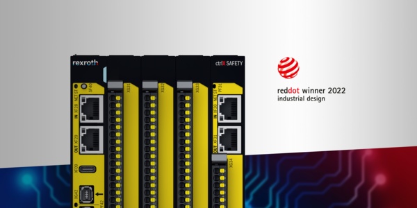 Bild der Sicherheitsteuerung ctrlX SAFETY in der Ausprägung SAFEX-C-15 für den Schaltschrankeinbau. Plus das Logo "reddot winner 2022".