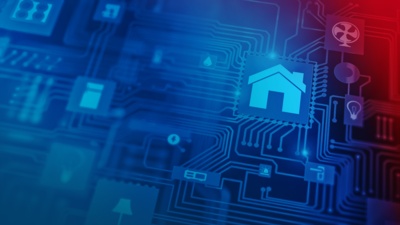 Platine, auf der die Bauteile mit Symbolen aus der Gebäudeautomatisierung versehen sind, z.B. Haus, Beleuchtung, Alarm, Lüftung, Klimaanlage, Energie