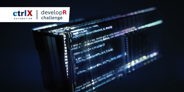 Blau gefärbtes Bild mit ctrlX CORE, der industrietaugliche Steuerungshardware für CNC, PLC und Motion-Anwendungen, oben links ist der ctrlX devolopR Challenge Schriftzug zu lesen