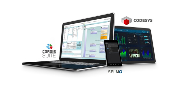 Digitale Endgeräte auf deren Bildschirmen Applikationen der ctrlX World-Partner Cordis Suite, Selmo und Codesys zu sehen sind.