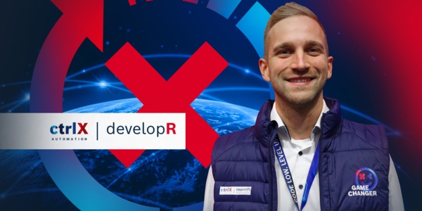 Portraitansicht eines ctrlX developRs vor einem bunten Hintergrund mit einem „ctrlX AUTOMATION Icon“