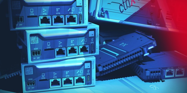 Blau gefärbtes Bild auf dem mehrere ctrlX AUTOMATION Komponenten zu sehen sind. Unter anderem die Steuerungshardware ctrlX CORE und die E/A-Komponenten ctrlX I/O.