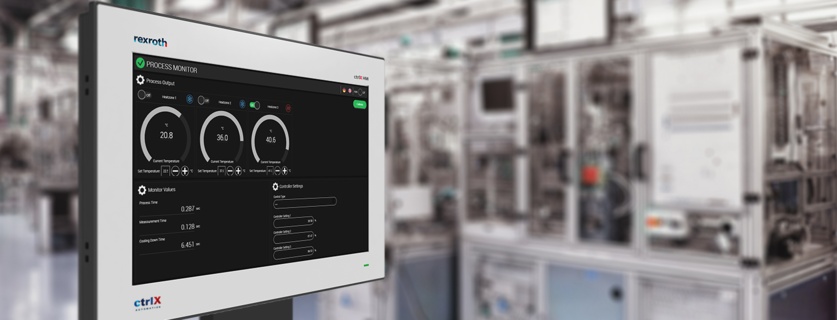 ctrlX HMI Display das eine ctrlX World Partnerapplikation zur Maschinenvisualisierung zeigt, im Hintergrund ist eine Fertigungsanalge zu sehen