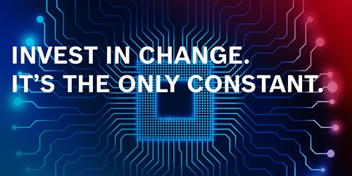 ctrlX AUTOMATION Visual: stylized view of a computer chip with conductive traces; caption: Invest in Change. It's the only Constant