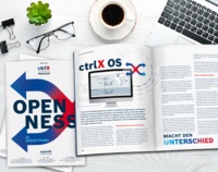 Aufgeschlagenes Exemplar des ctrlX AUTOMATION Magazin 2023/2024