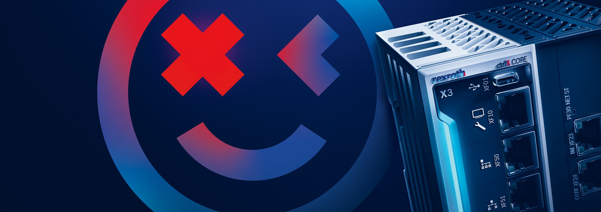 ctrlX AUTOMATION Keyvisuls with the Game Changer Smiley and the ctrlX CORE industrial controller