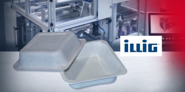 Lebensmittelverpackung aus Kunststoff. Im Hintergrund eine Produktionsmaschine die mit ctrlX AUTOMATION ausgestattet ist. Logo Firma Illig