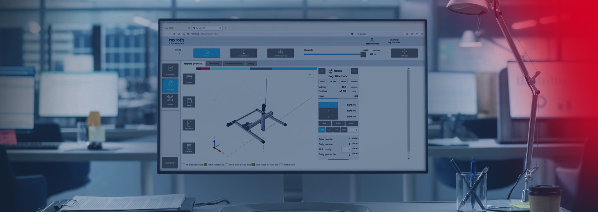Zeigt einen Monitor mit Programmierung von hochwertigen und modernen HMI-Design. Dies funkniert mit WebIQ, der HMI- und SCADA-Lösung von Smart HMI.