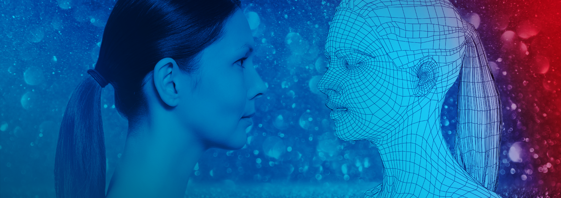 Image of a woman looking at her virtualized self.