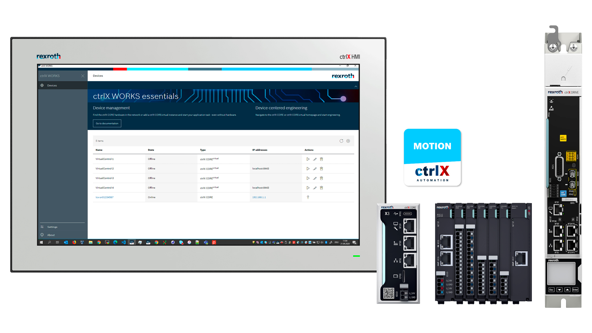 Zdjęcie grupowe portfolio ctrlX MOTION, w skład którego wchodzą: ctrlX WORKS Motion app, ctrlX HMI VR, ctrlX CORE X3, ctrlX IO Station, ctrlX DRIVE XCS
