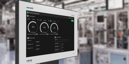 ctrlX HMI Display das eine ctrlX World Partnerapplikation zur Maschinenvisualisierung zeigt, im Hintergrund ist eine Fertigungsanalge zu sehen