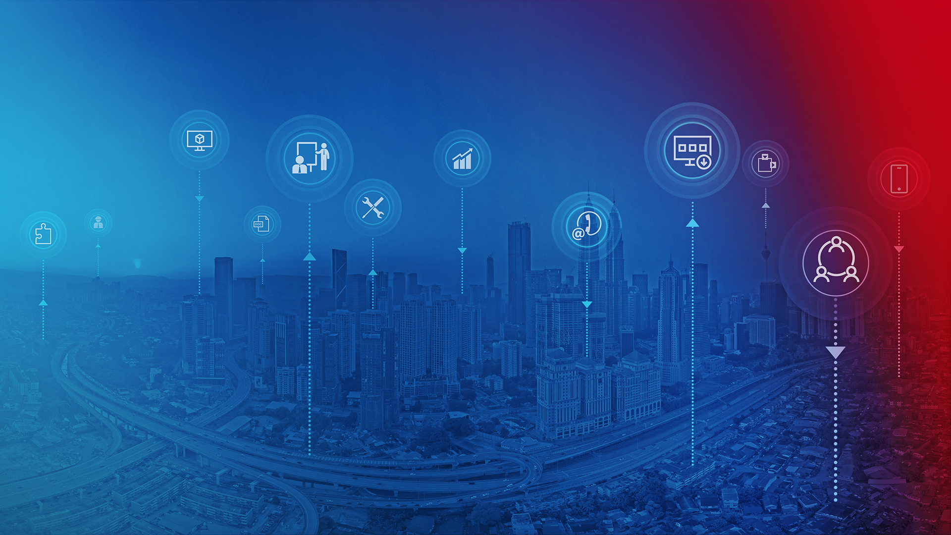 Panorama einer Großstadt mit angedeuteten digitalen Touchpoints und Applikationen.