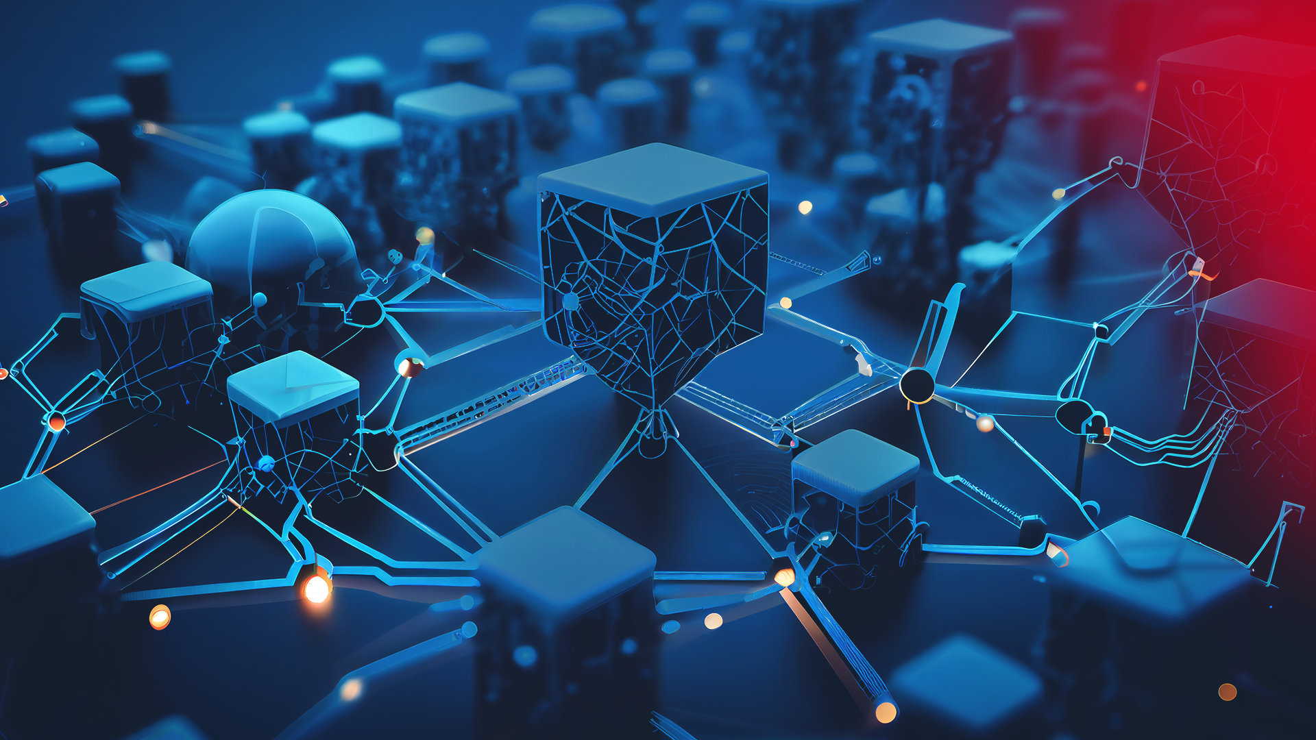 Stylized geometric shapes like cubes, spheres and cylinders are connected with lines