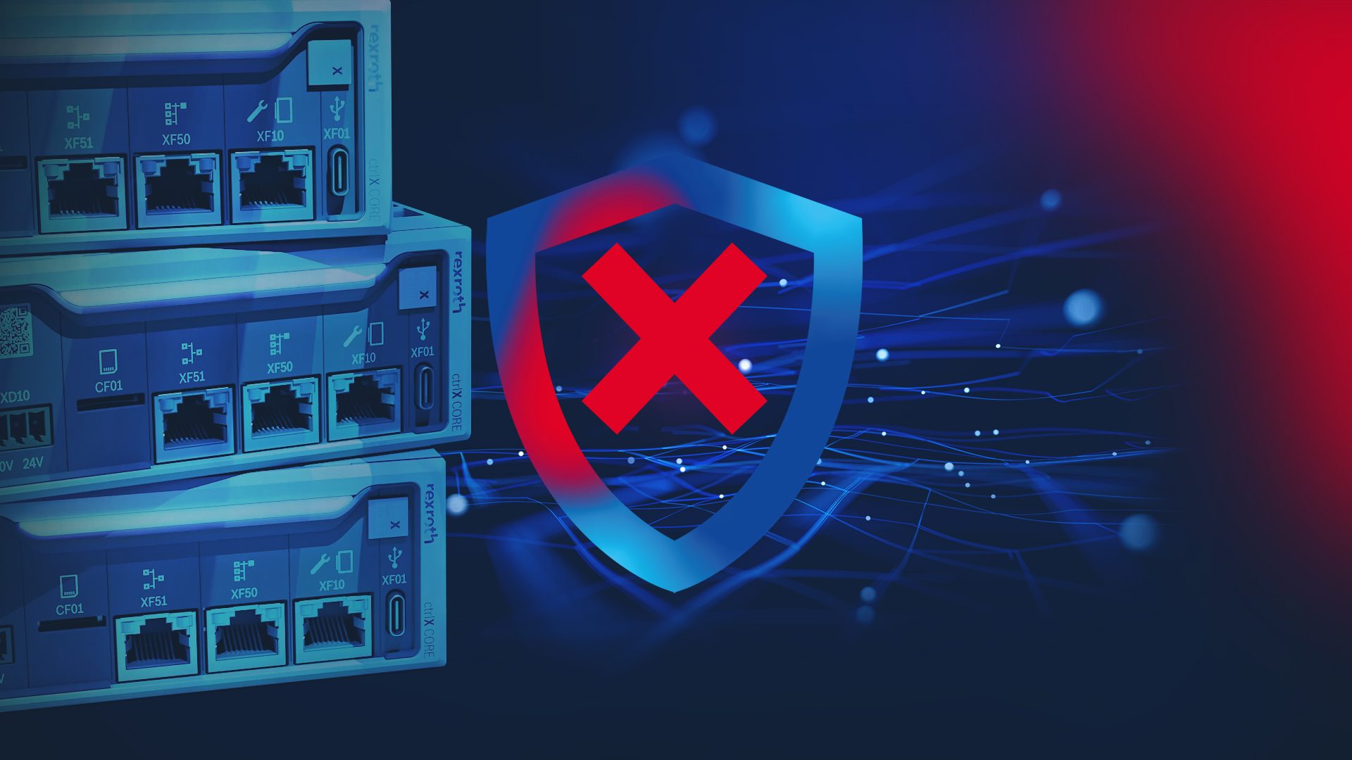 Three ctrlX CORE controllers stacked on top of each other. The ctrlX SAFETY icon is shown in the background.
