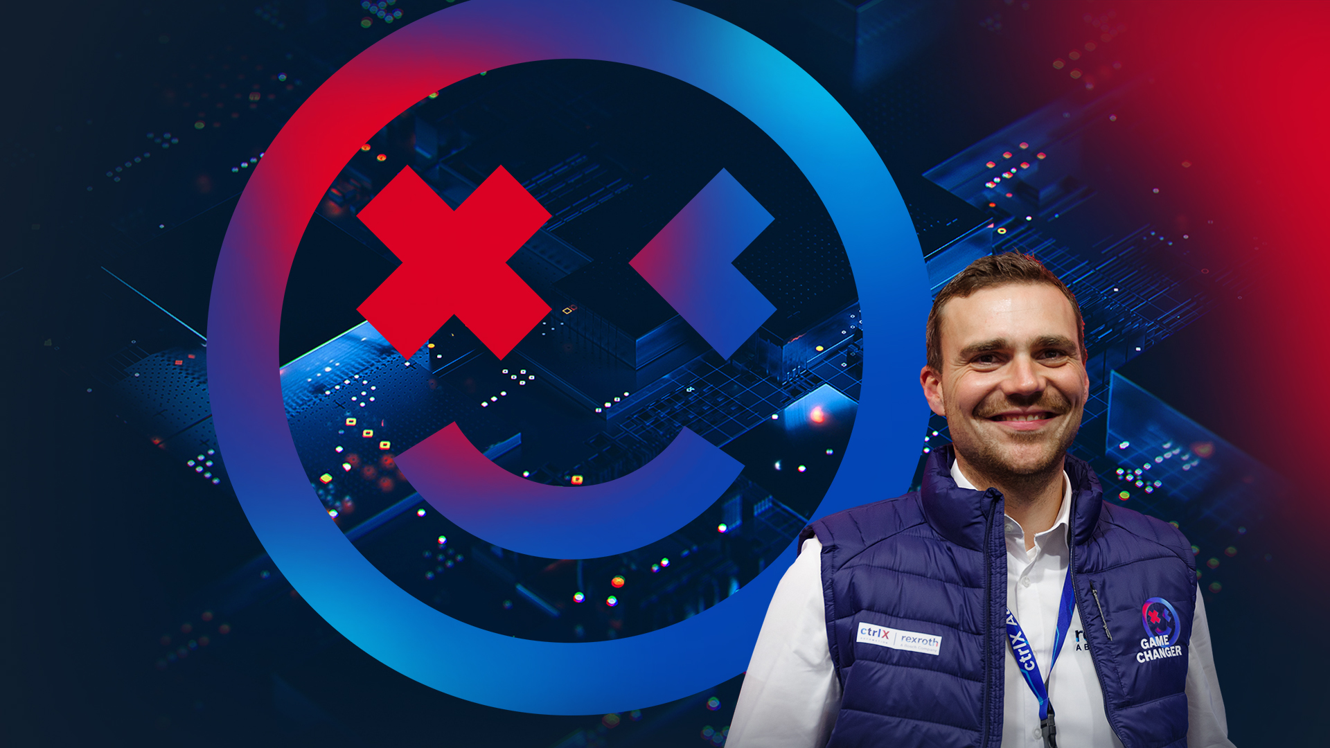 Portraitansicht eines ctrlX developRs vor einem bunten Hintergrund mit der Beschriftung „ctrlX AUTOMATION Smiley“