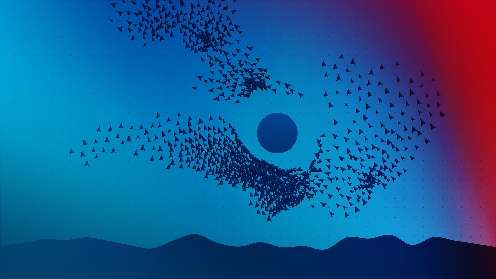 Symbolic flock of birds circling around the sun in the sky. The birds are represented by triangles.