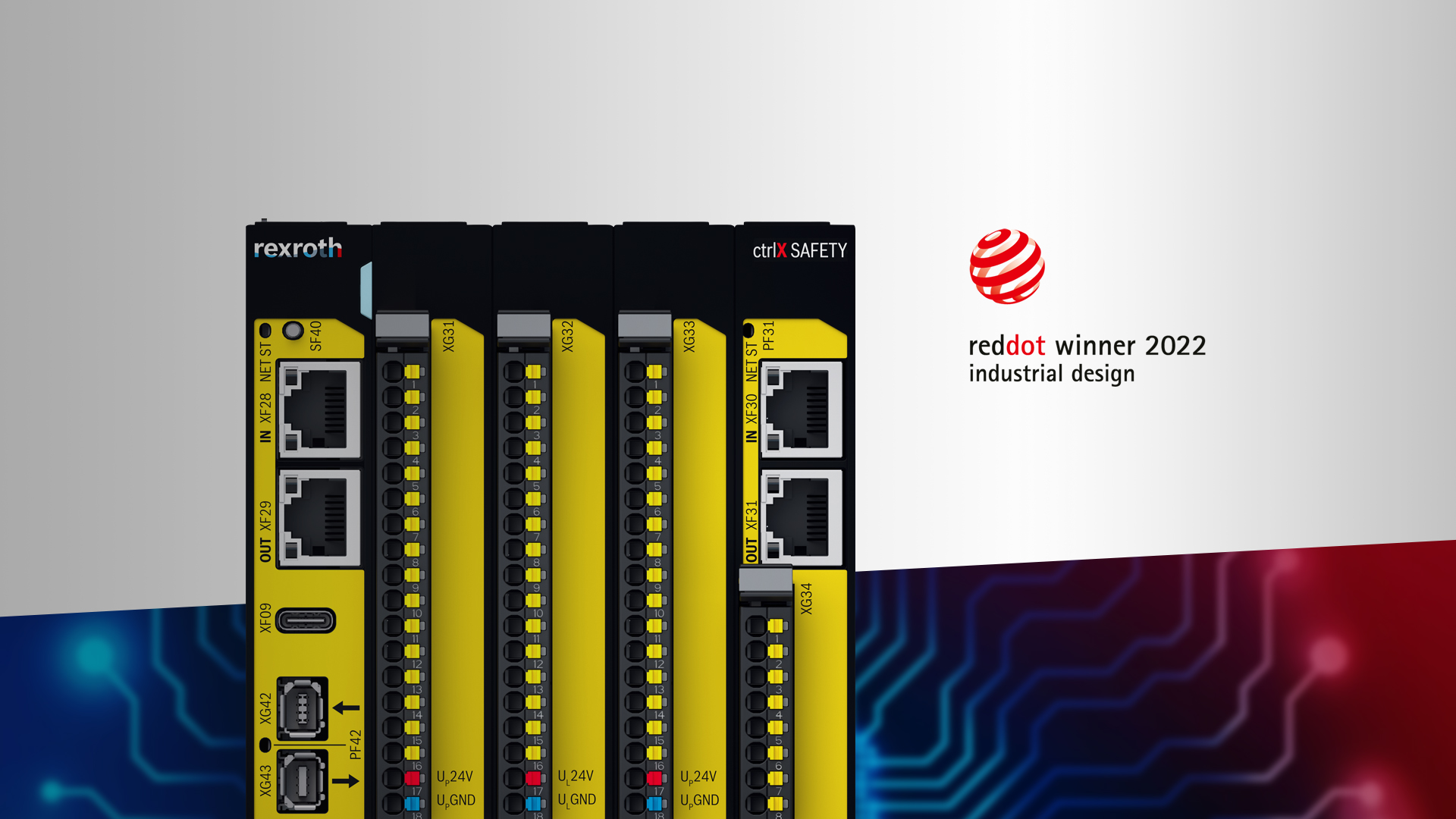 Bild der Sicherheitsteuerung ctrlX SAFETY in der Ausprägung SAFEX-C-15 für den Schaltschrankeinbau. Plus das Logo "reddot winner 2022".