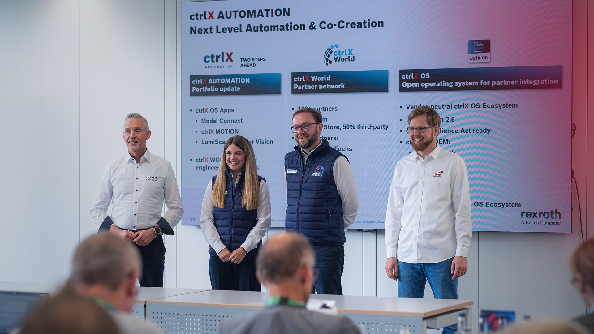 6th ctrlX AUTOMATION trade press conference at the Bosch plant in Immenstadt, 4 persons in front of ctrlX AUTOMATION Topic Wall