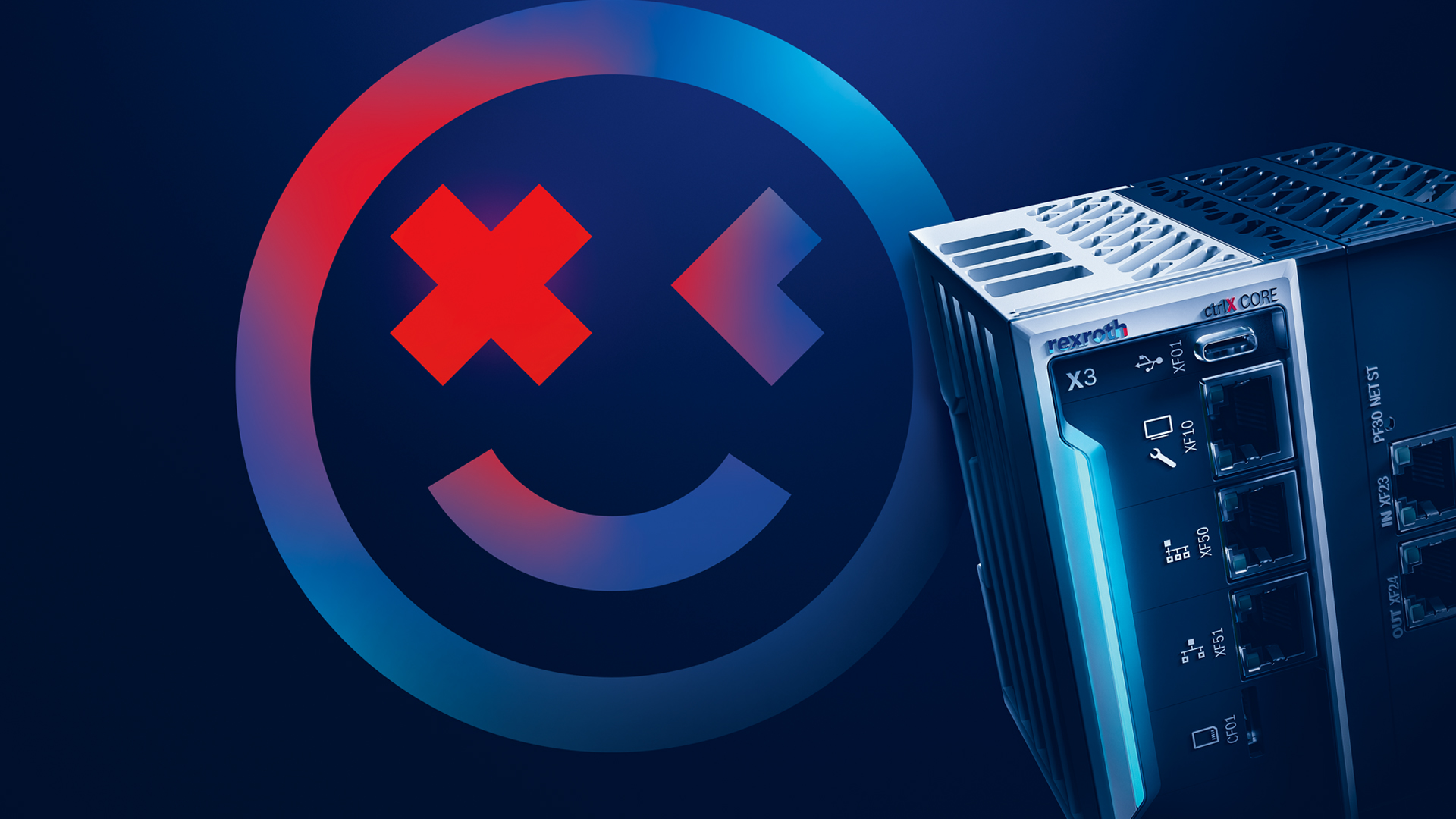 ctrlX AUTOMATION Keyvisuls mit dem Game Changer Smiley und der ctrlX CORE Industriesteuerung