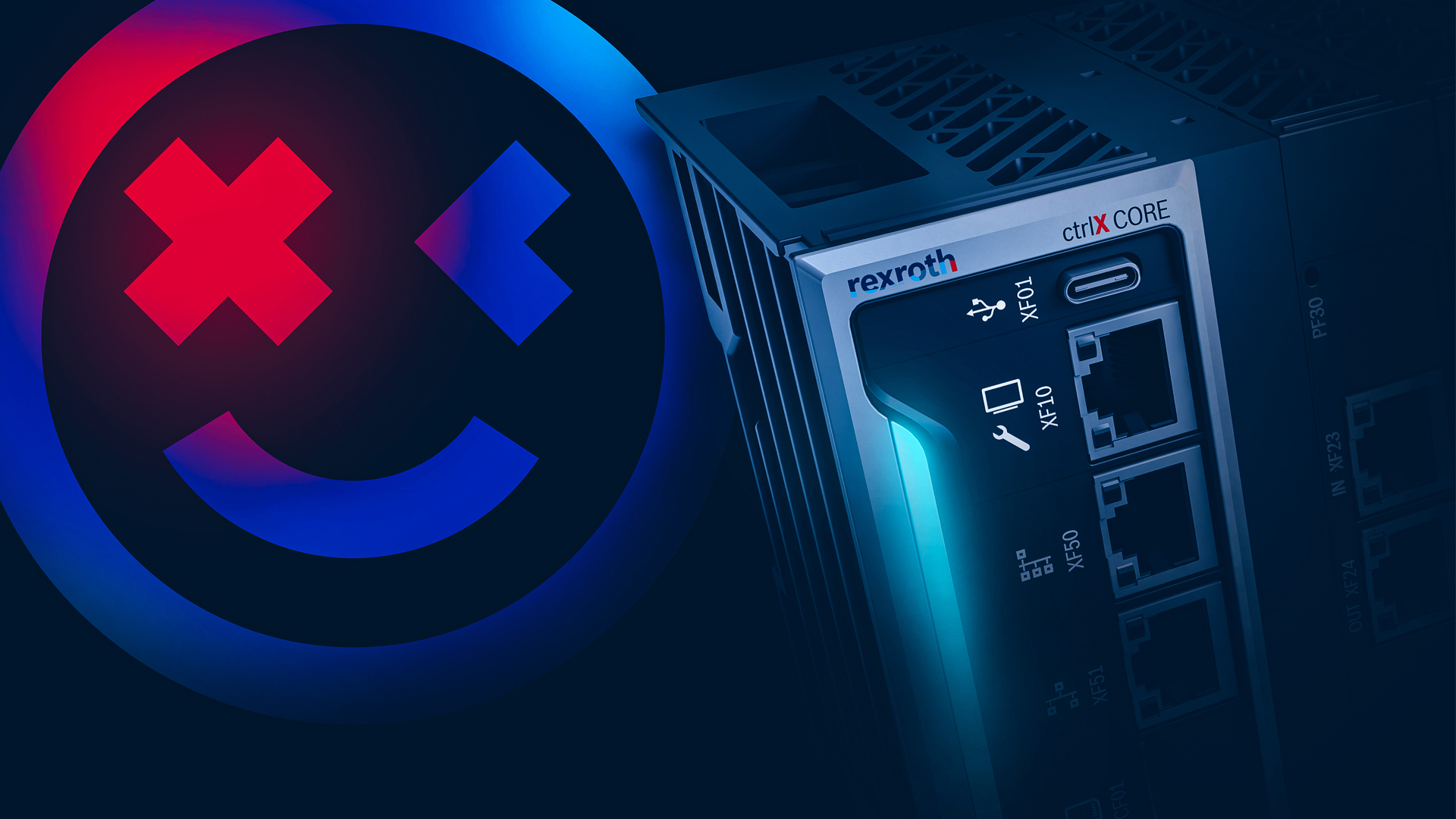 ctrlX AUTOMATION Keyvisuls with the Game Changer Smiley and the ctrlX CORE industrial controller