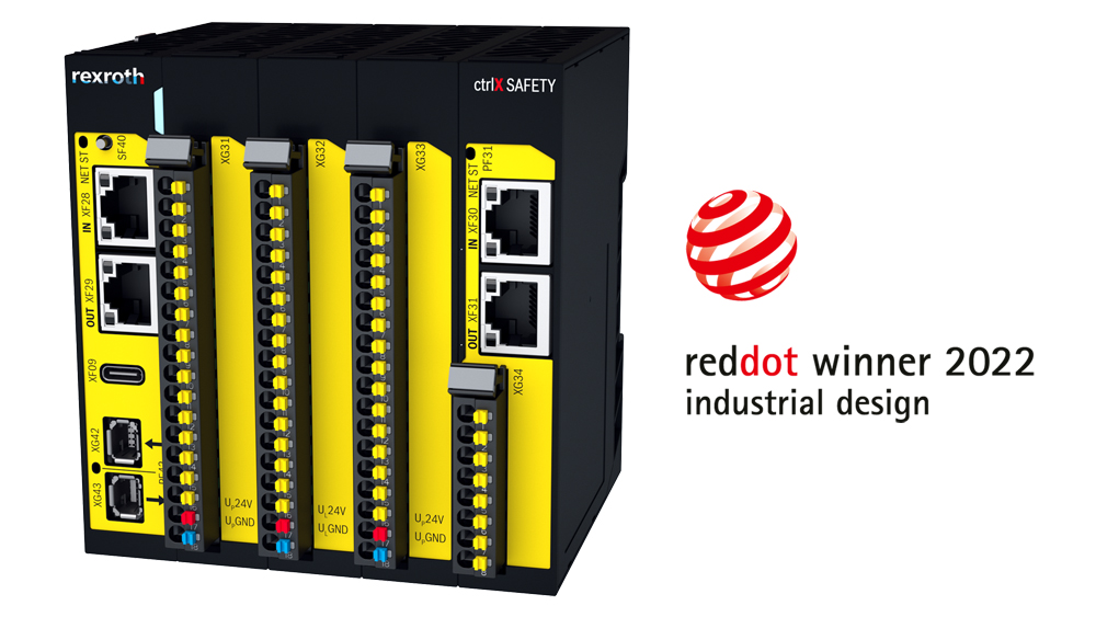 Bild der Sicherheitsteuerung ctrlX SAFETY in der Ausprägung SAFEX-C-15 für den Schaltschrankeinbau. Plus das Logo "reddot winner 2022".