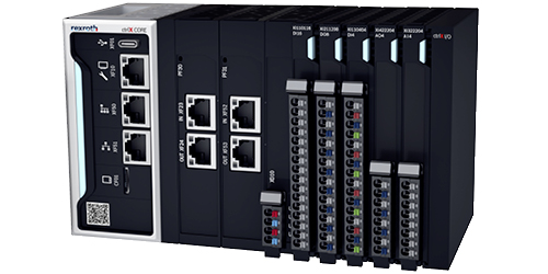 Picture of the industrial controller ctrlX CORE in the modular version X3 (COREX-M-X3), with ctrlX I/O modules in series