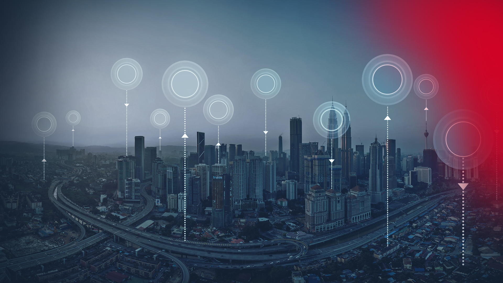 Image shows the real image of a city. Dots symbolizing the use of digital services were drawn in as graphic elements.